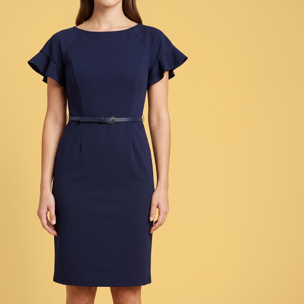 New York & Company Dress Womens M VN160001 Navy Ruffle Sleeve Belted